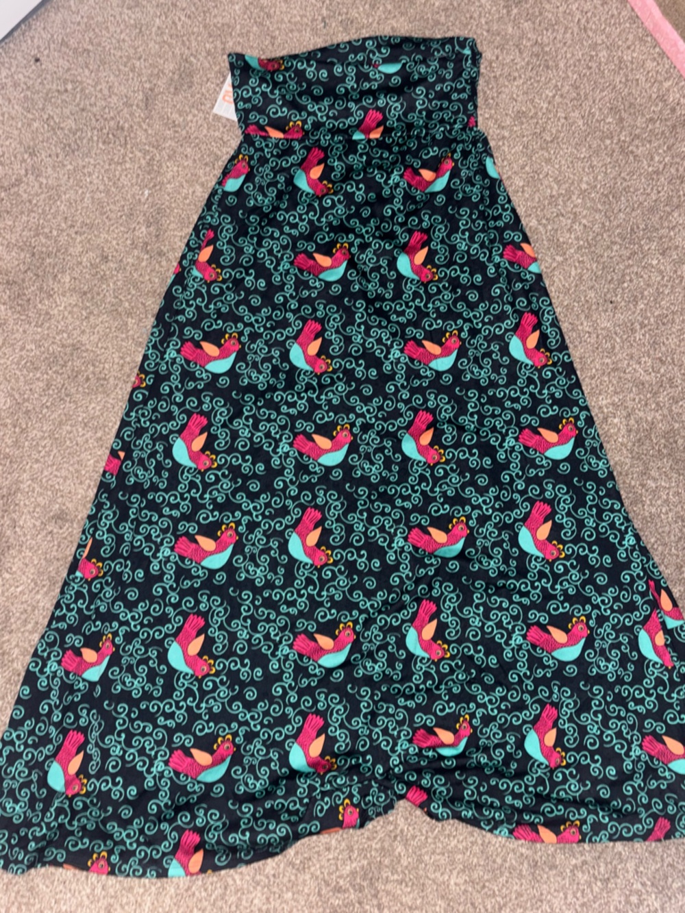 LuLaRoe Black Maxi Skirt with Teal Swirls and Pink/Red Bird Print
